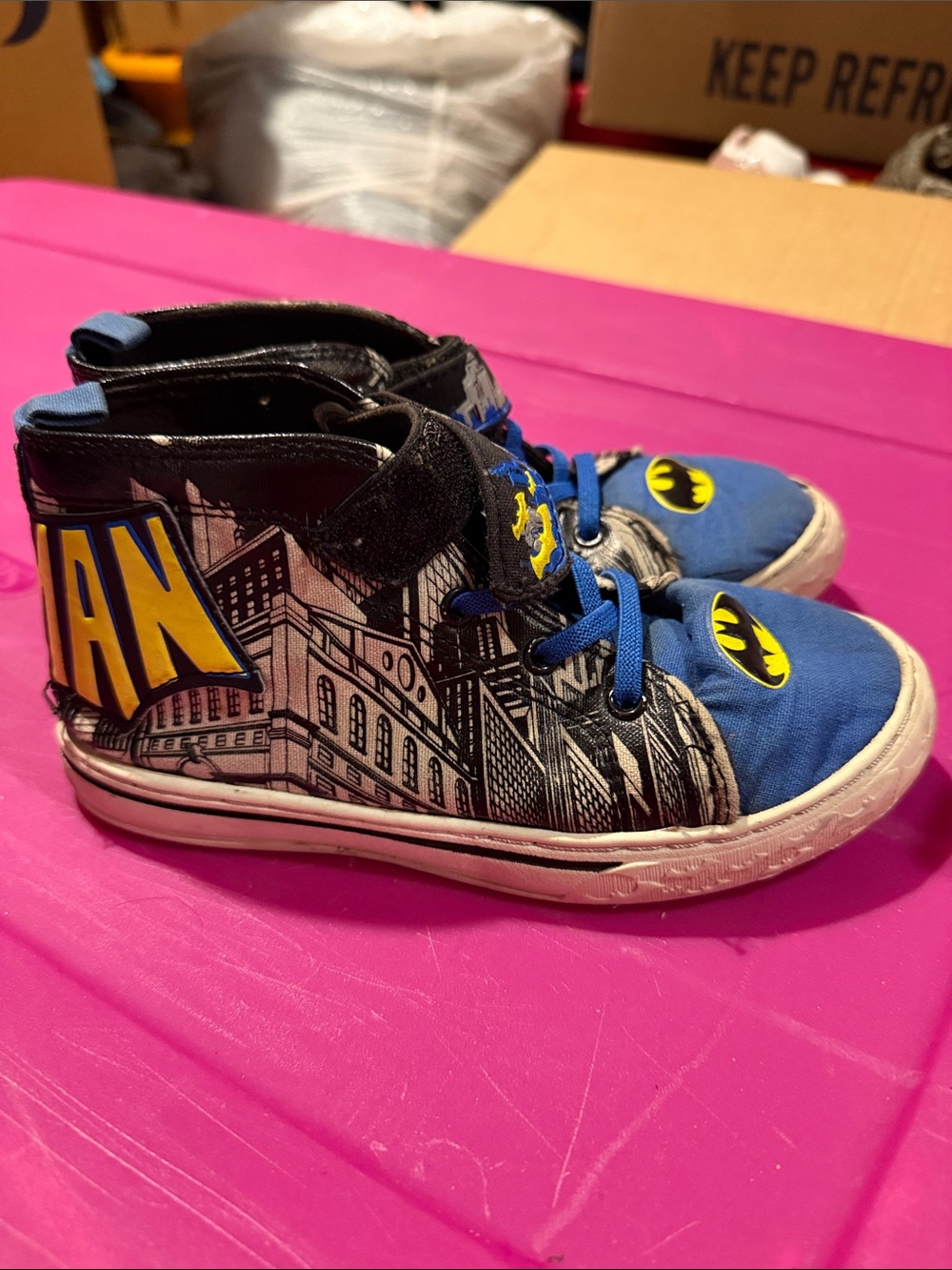 DC Comics Batman Kids High-Top Sneakers in Blue and Black with Yellow Accents